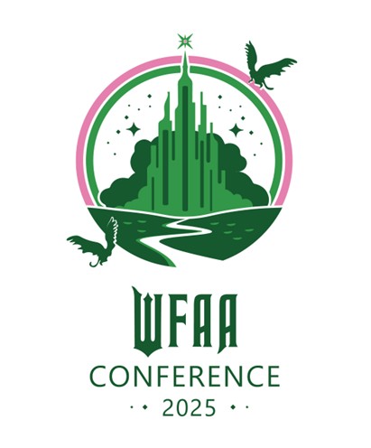Image of green buildings with green and pink semicircle around them. Flying monkey silhouettes. Below image, words WFAA 2025 conference